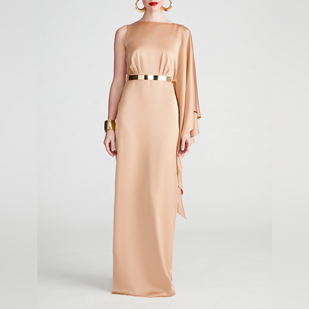 $695 NWT Halston “Rhiannon” One Shoulder Satin Column Dress Gown in Tan Sz 4